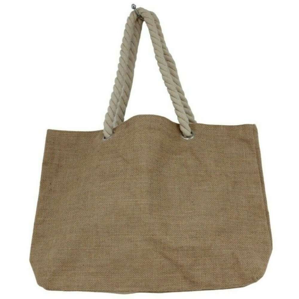 Tan Burlap Canvas Tote Rope Handles Magnetic Closure Beach Shopping Bag